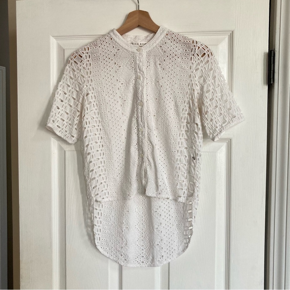 Veronica Beard White Button Down High Low Eyelet Short Sleeve Top, Size 4